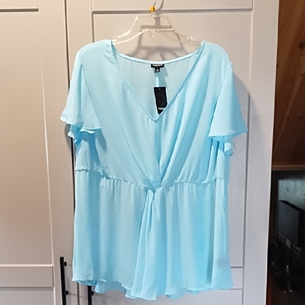torrid Light Blue V-Neck Flutter Sleeve Tunic